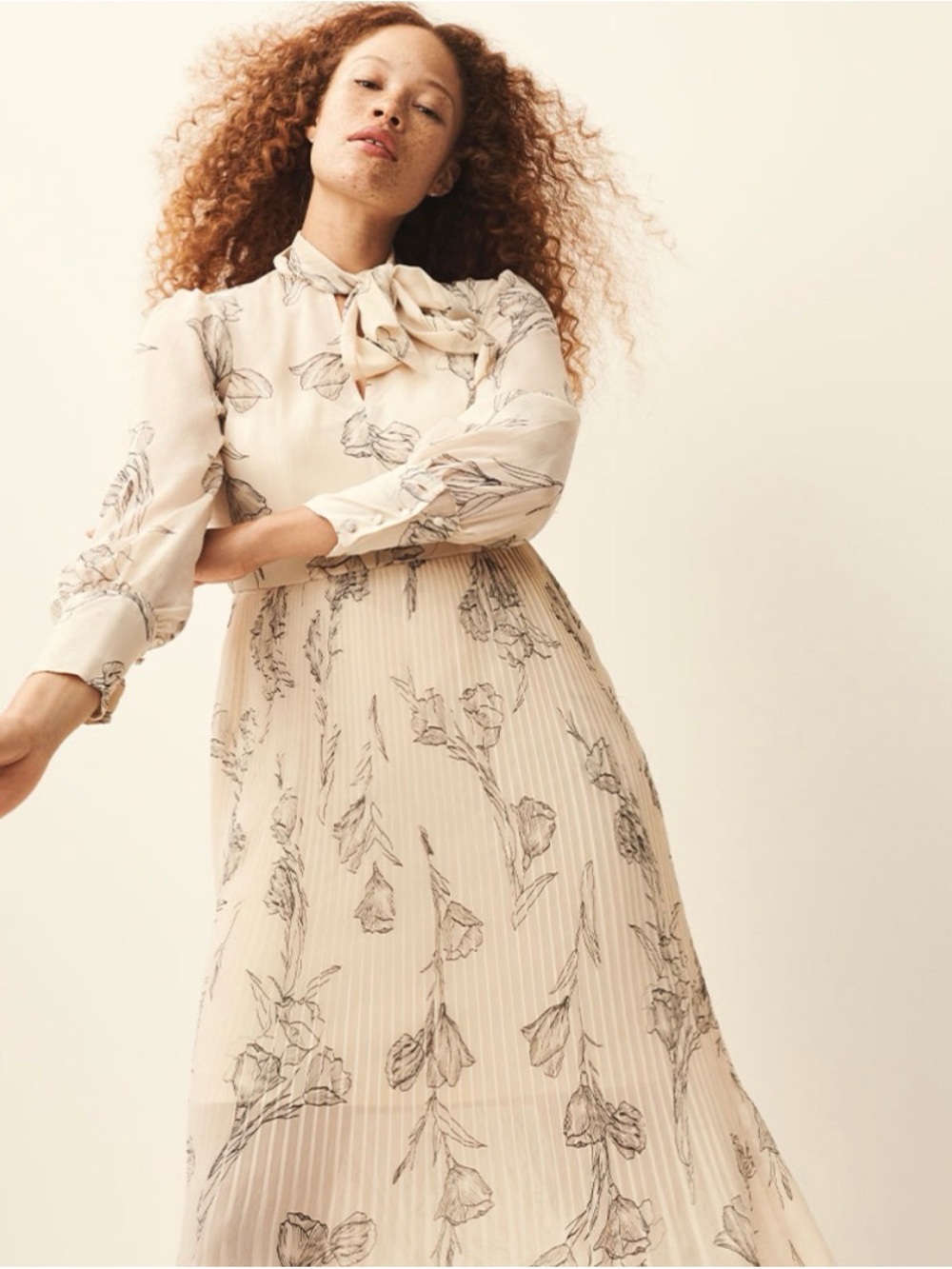 a new day Cream Floral Tie-Neck Pleated Midi Dress